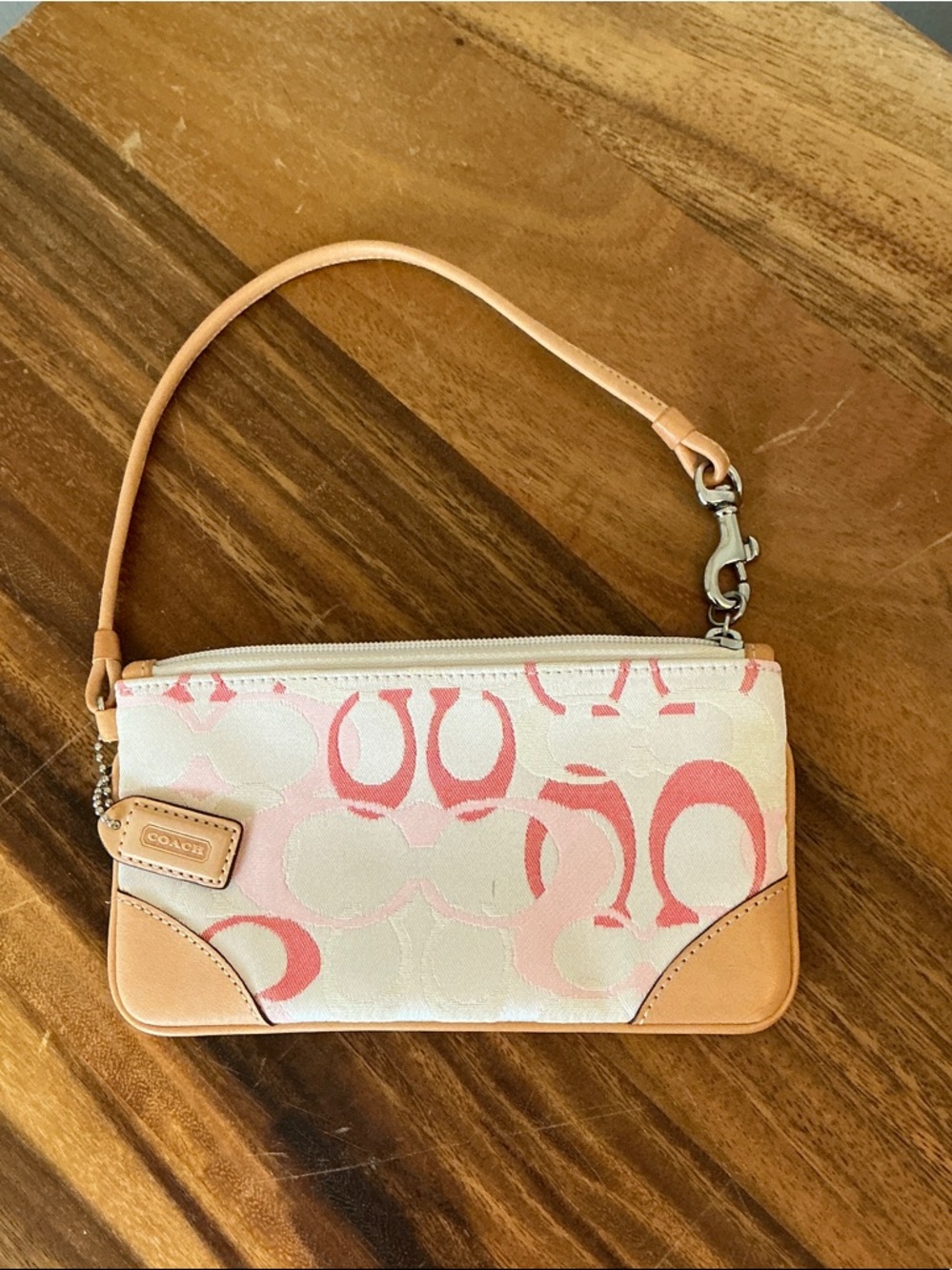 Coach Pink Signature Canvas Wristlet with Tan Leather Trim